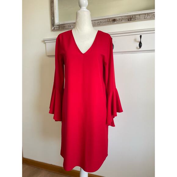 Everly Red Shift Dress with Waterfall Ruffle Sleeves - Picture 1 of 5